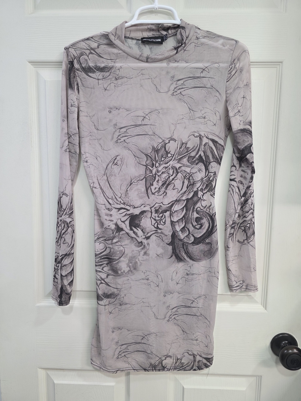 PrettyLittleThing Gray Dragon Print Long Sleeve Bodycon Mesh Dress
